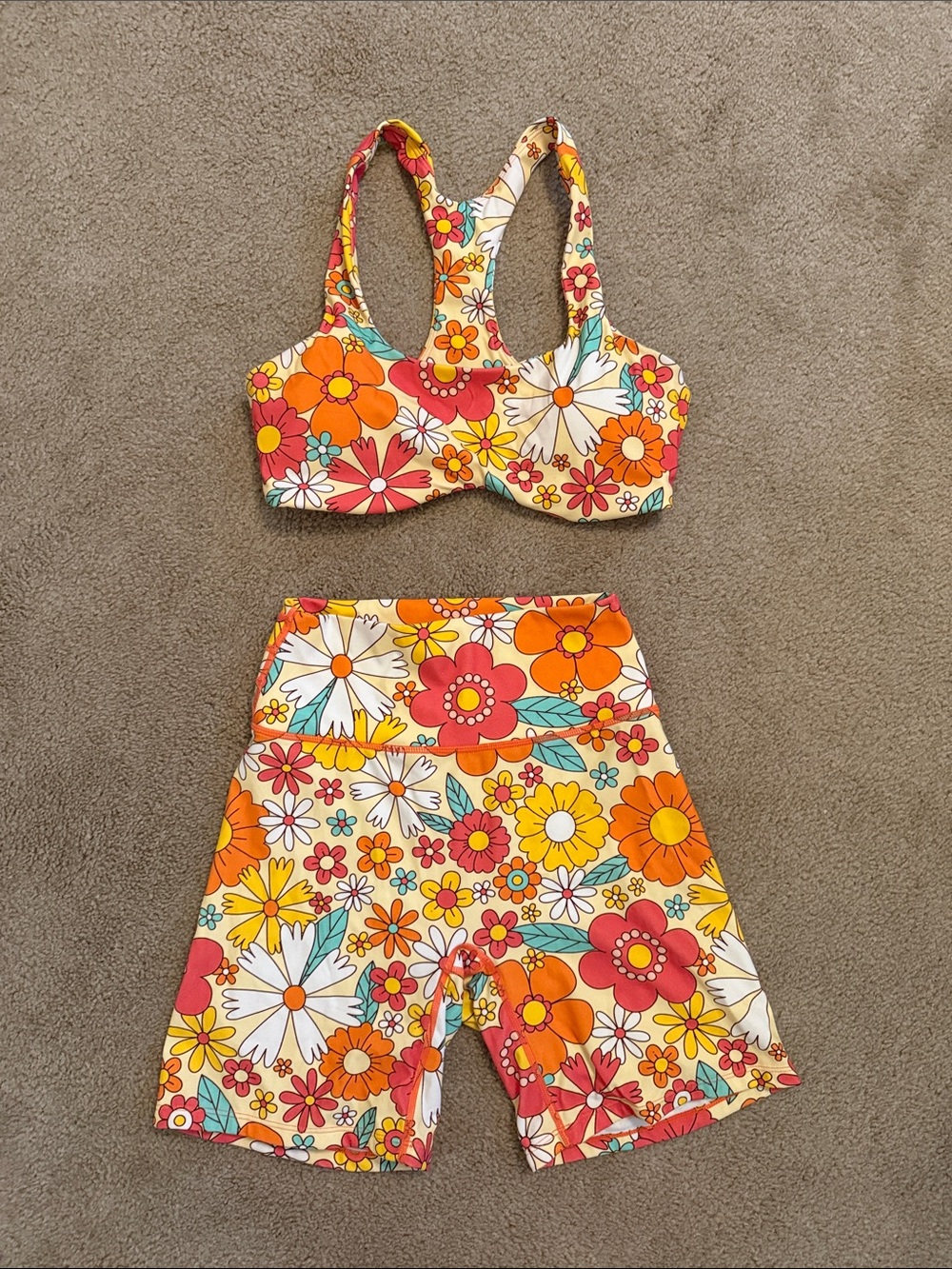 Floral Scoop-Back Crop Top and High-Waist Bike Shorts Set - Orange Multi